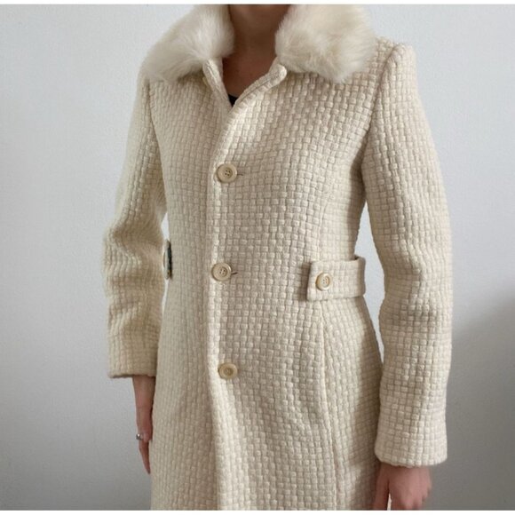 Y2K Moda Women Wool Coat with Faux Fur Collar Cream Size 10 - Picture 2 of 14